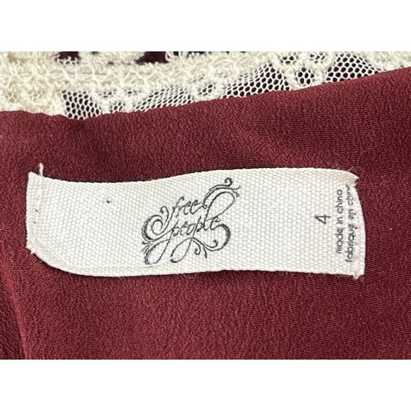 Free People Coquette Size 4 Burgundy Ivory Lace Long-Sleeve Bell Cuffs Lined - Picture 3 of 9
